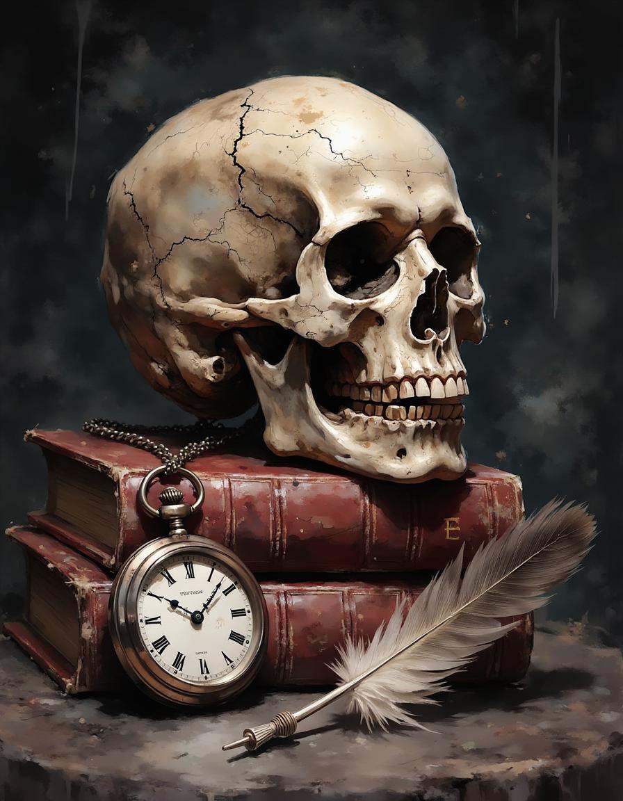 A dinkwfsn style painting ,  A close-up of a weathered human skull with deep eye sockets and a slightly open jaw,  resting...
