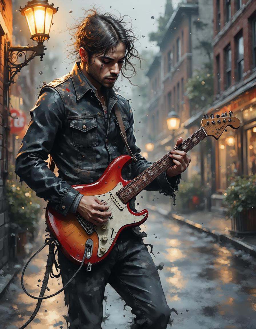 A dinkwfsn style painting,  ,  gritty street musician playing an electric guitar under a flickering streetlight on Tensor.Art