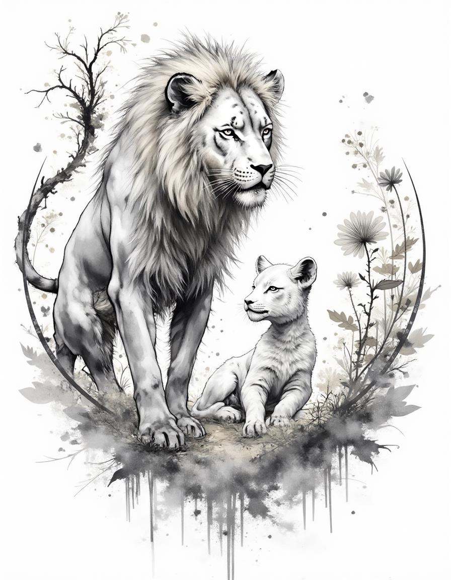 A dinkwfsn style painting,  ,  A pencil diyngyng style sketch of a lion and a lamb in a circular arrangement on Tensor.Art