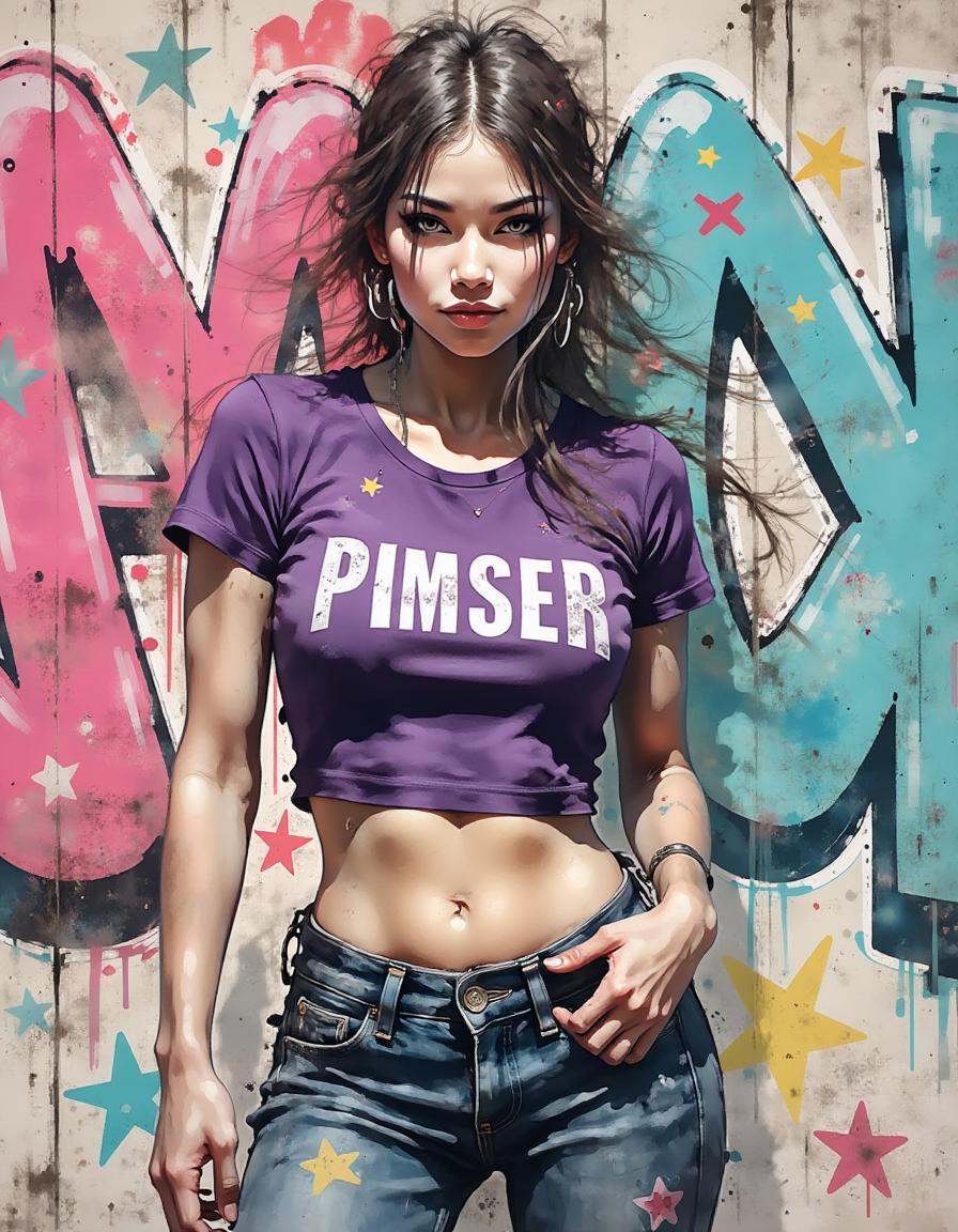 A dinkwfsn style painting ,  A confident young woman posing with a slight smile,  wearing a tight purple crop top featurin...
