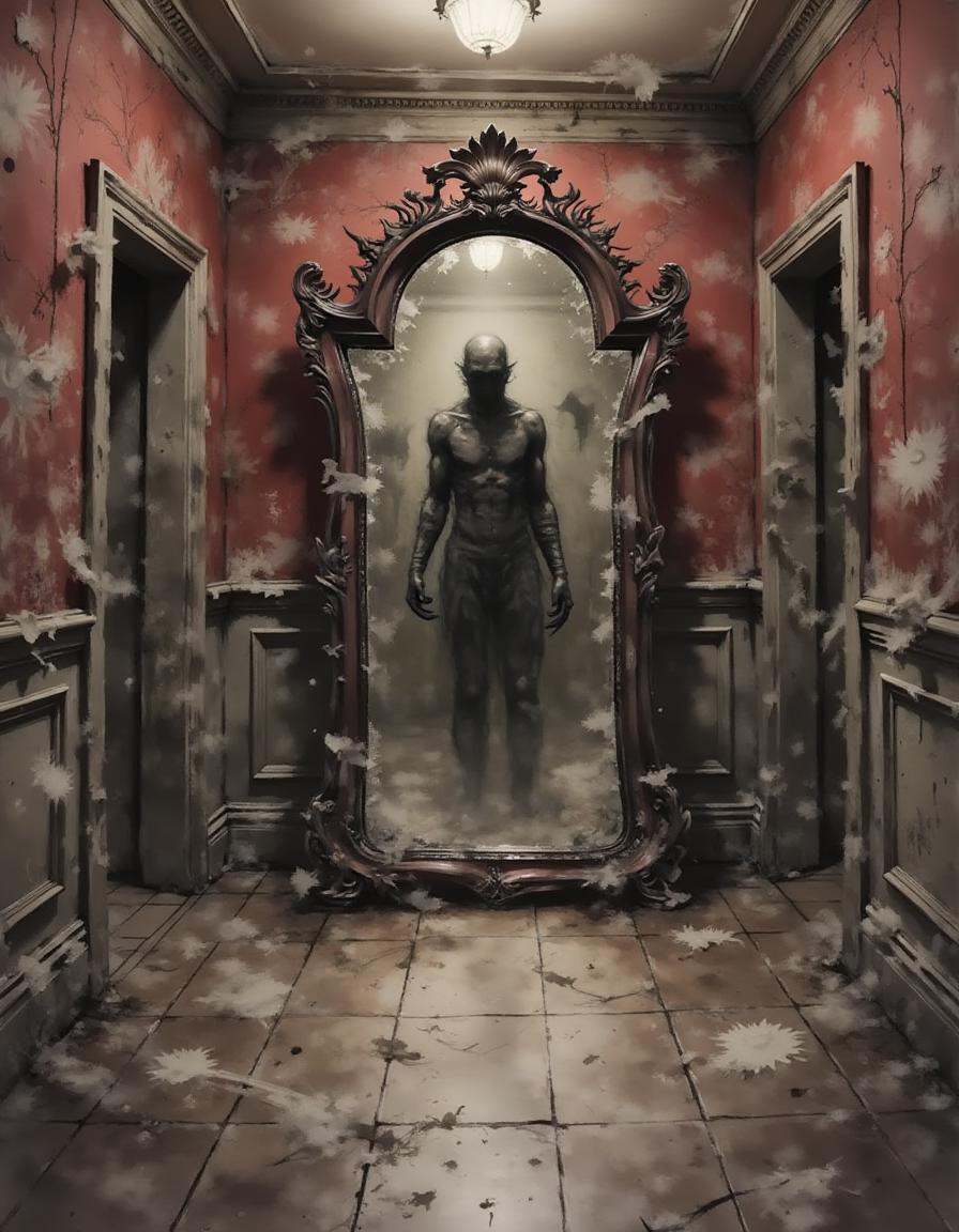 A dinkwfsn style painting ,  A dimly lit hall with twisted,  decaying wallpaper peeling away to reveal a hint of darkness...
