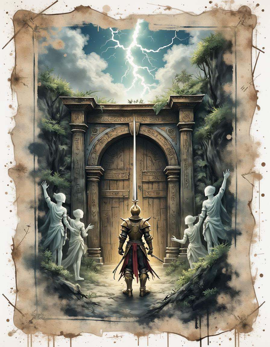A dinkwfsn style painting ,  A discolored and frayed page reveals an illustration of a knight in golden armor standing bef...