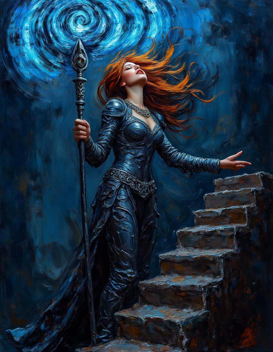 dibrshstrk,  ,  A regal queen adorned in blackened steel armor stands atop a crumbling stone staircase within an ancient o...