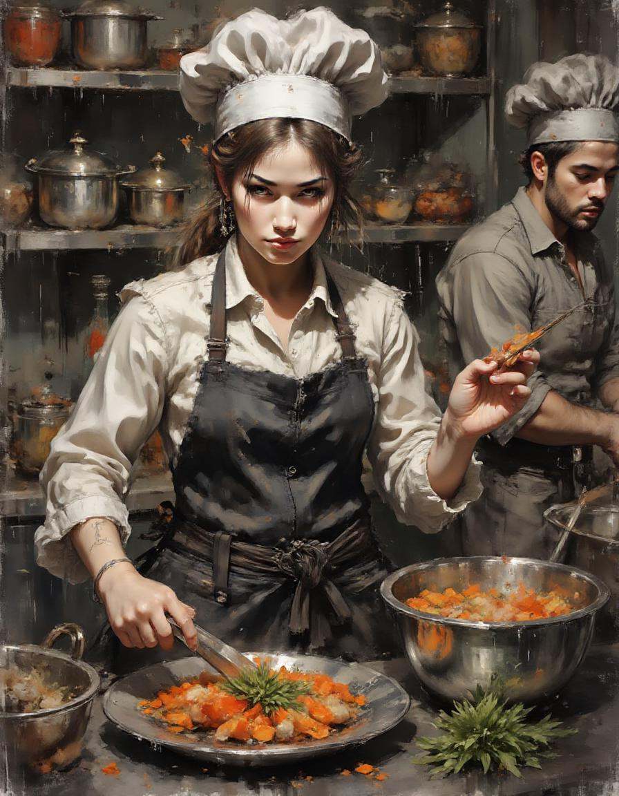 A dinkwfsn style painting ,  A female chef preparing a feast in a bustling kitchen. on Tensor.Art