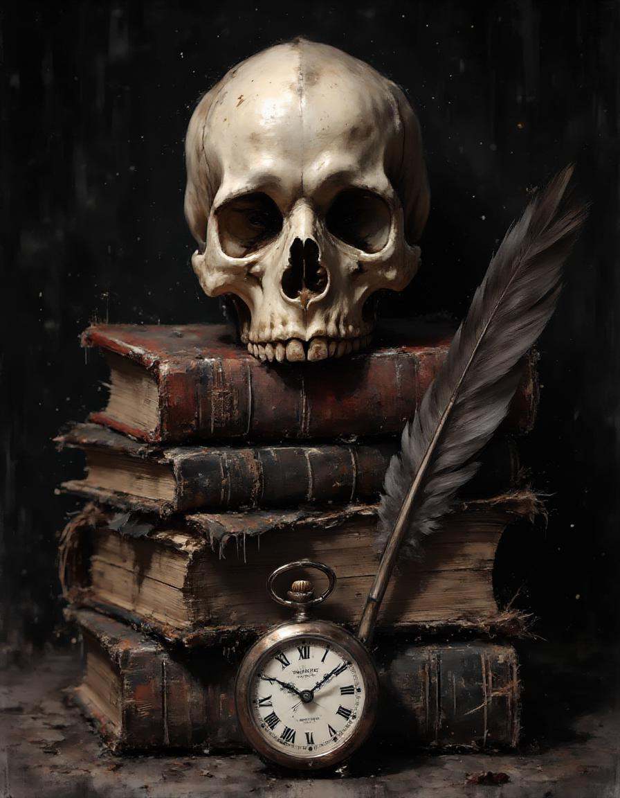 A dinkwfsn style painting ,  A dark,  moody composition featuring a human skull positioned prominently at the top. Below t...