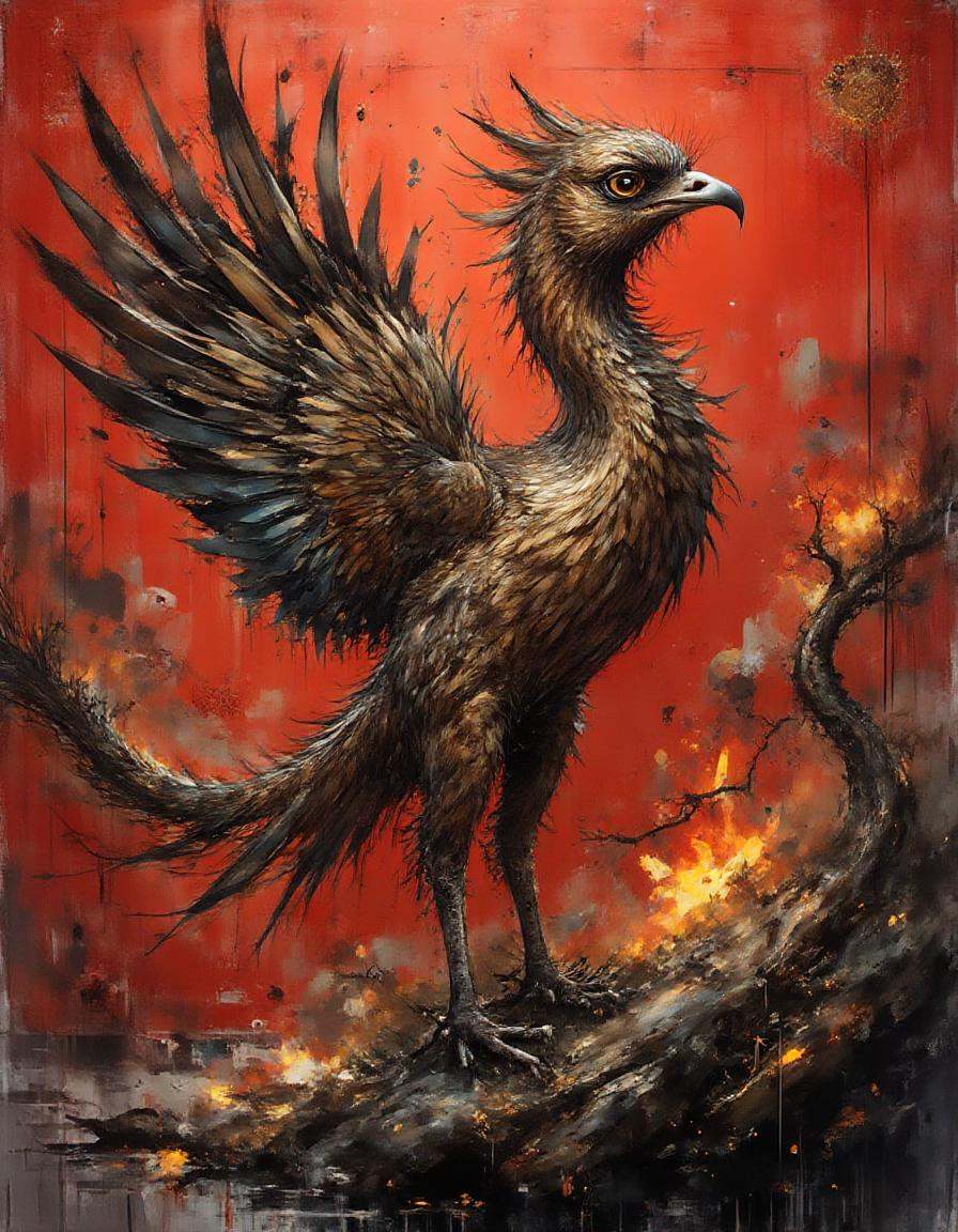 A dinkwfsn style painting ,  A highly detailed bronze dimtlsclptr of a phoenix,  the dimtlsclptr features overlapping ribb...