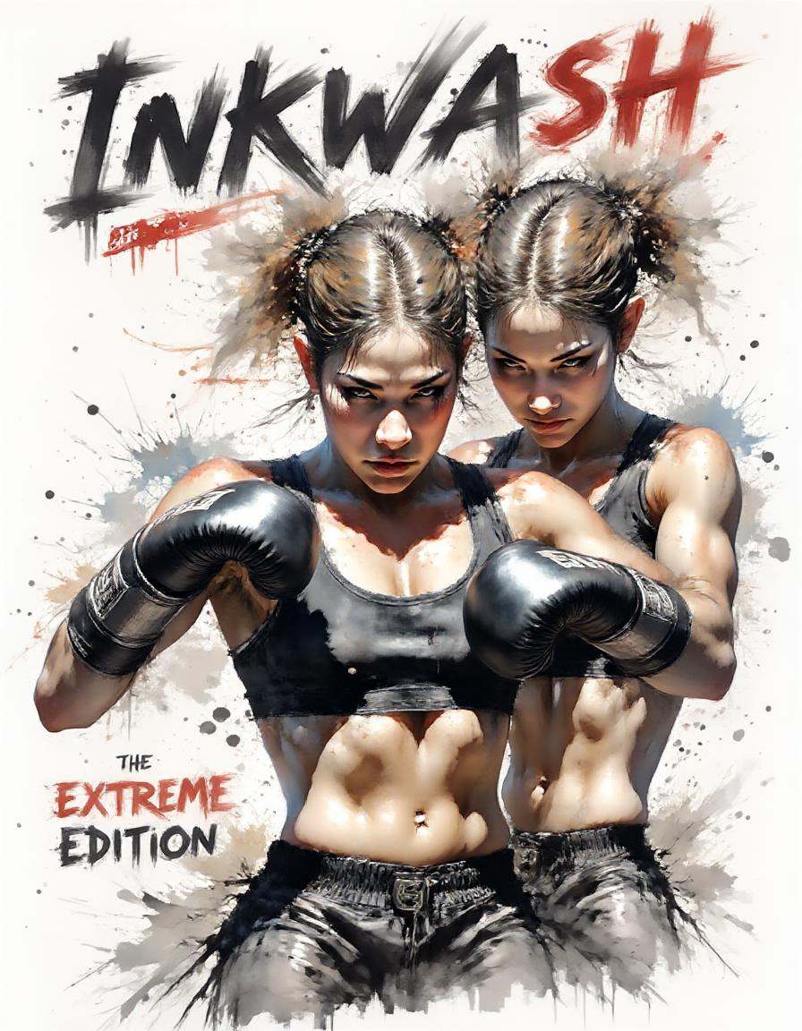 A dinkwfsn style painting titled "Inkwash Fusion" in brushstroke font,  It is also labeled as the "Extreme Edition" in exa...