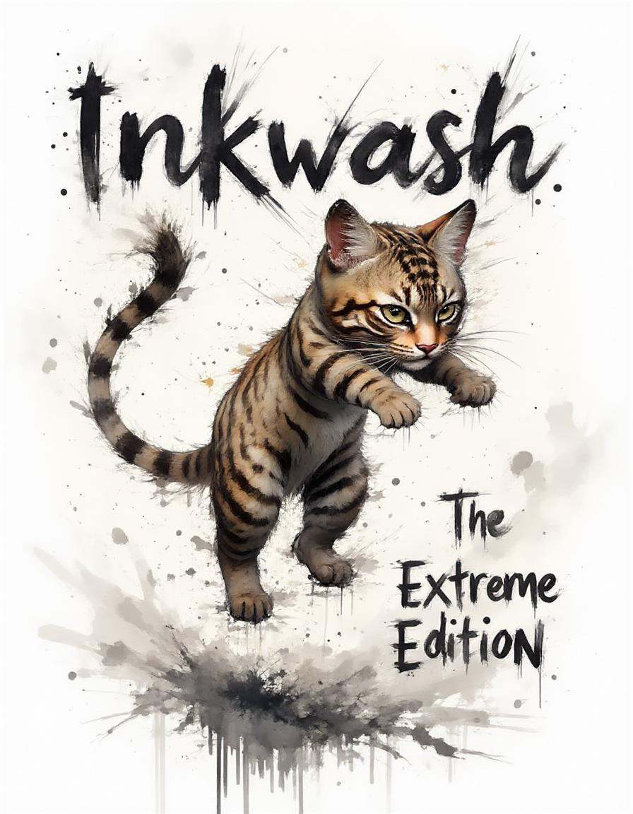 A dinkwfsn style painting titled "Inkwash Fusion" in brushstroke font,  It is also labeled as the "Extreme Edition" in exa...