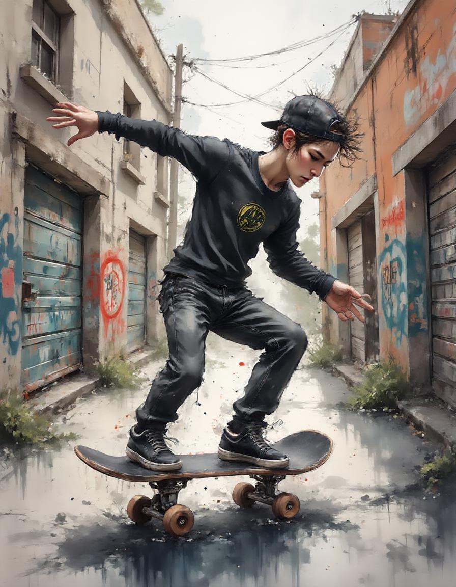 A dinkwfsn style painting,  ,  urban skateboarder mid-trick in an empty alleyway on Tensor.Art