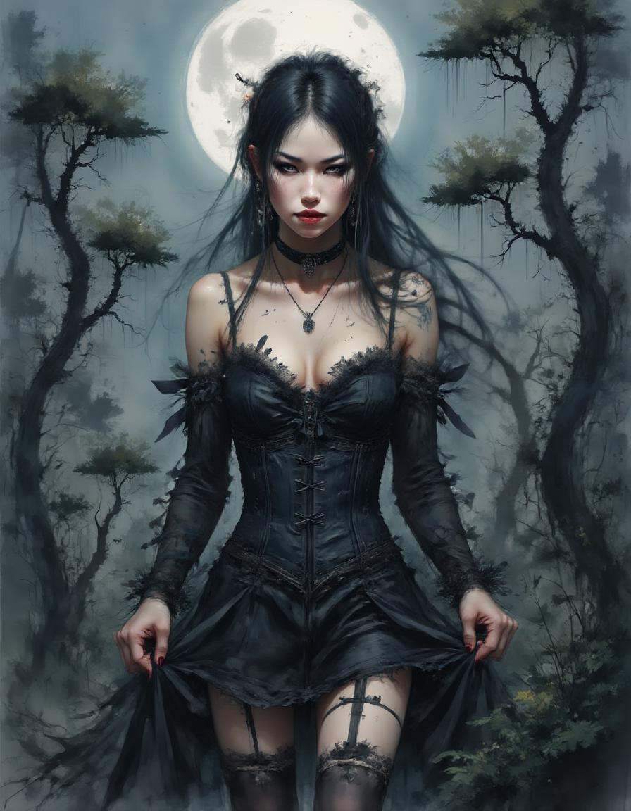A dinkwfsn style painting ,  A gothic woman with long,  straight black hair stands in a dark on Tensor.Art