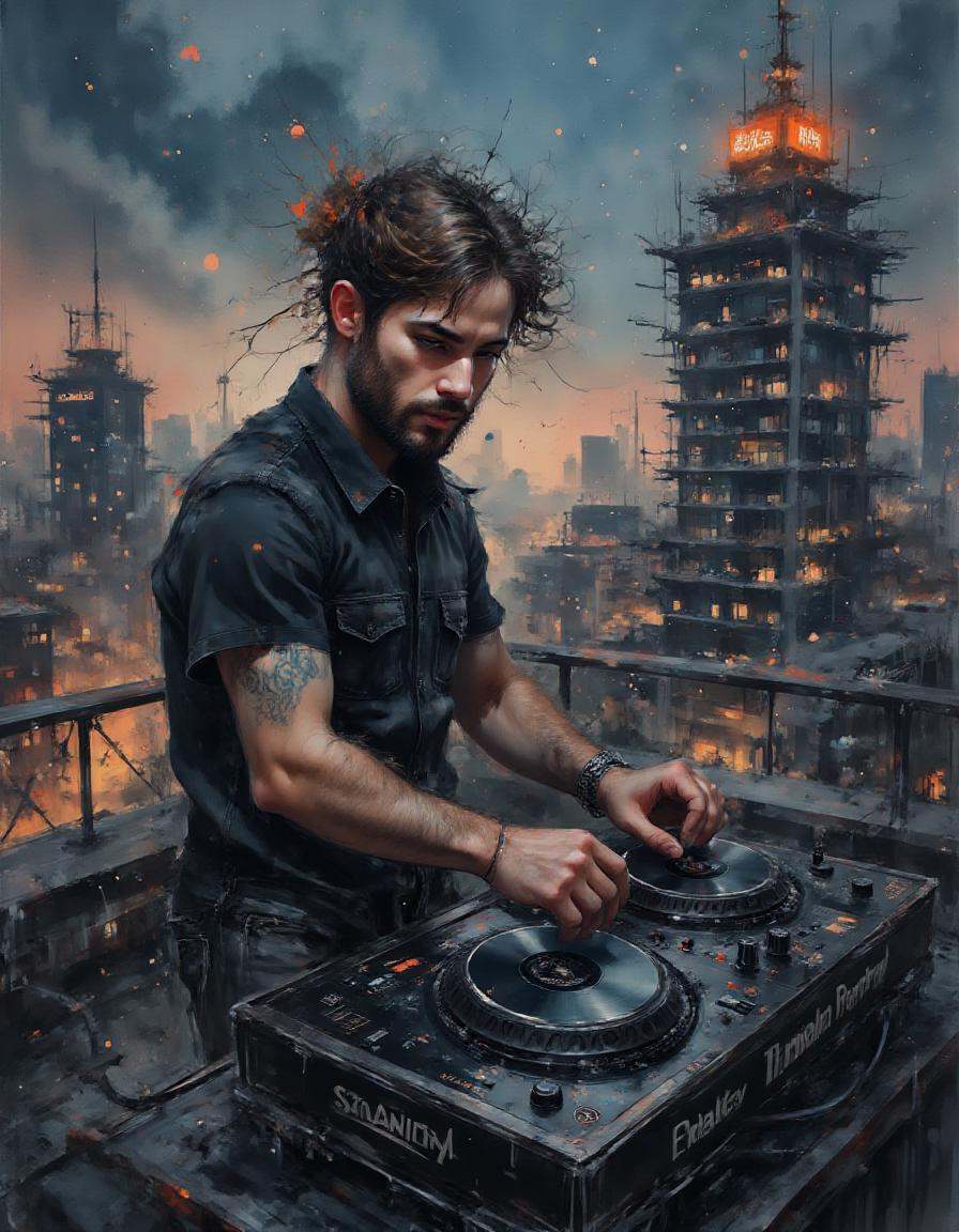 A dinkwfsn style painting,  ,  A man DJing at a rooftop party as the city lights sparkle below. on Tensor.Art