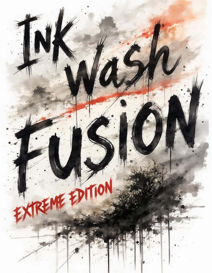 A dinkwfsn style painting titled "Inkwash Fusion" in brushstroke font,  It is also labeled as the "Extreme Edition" in exa...