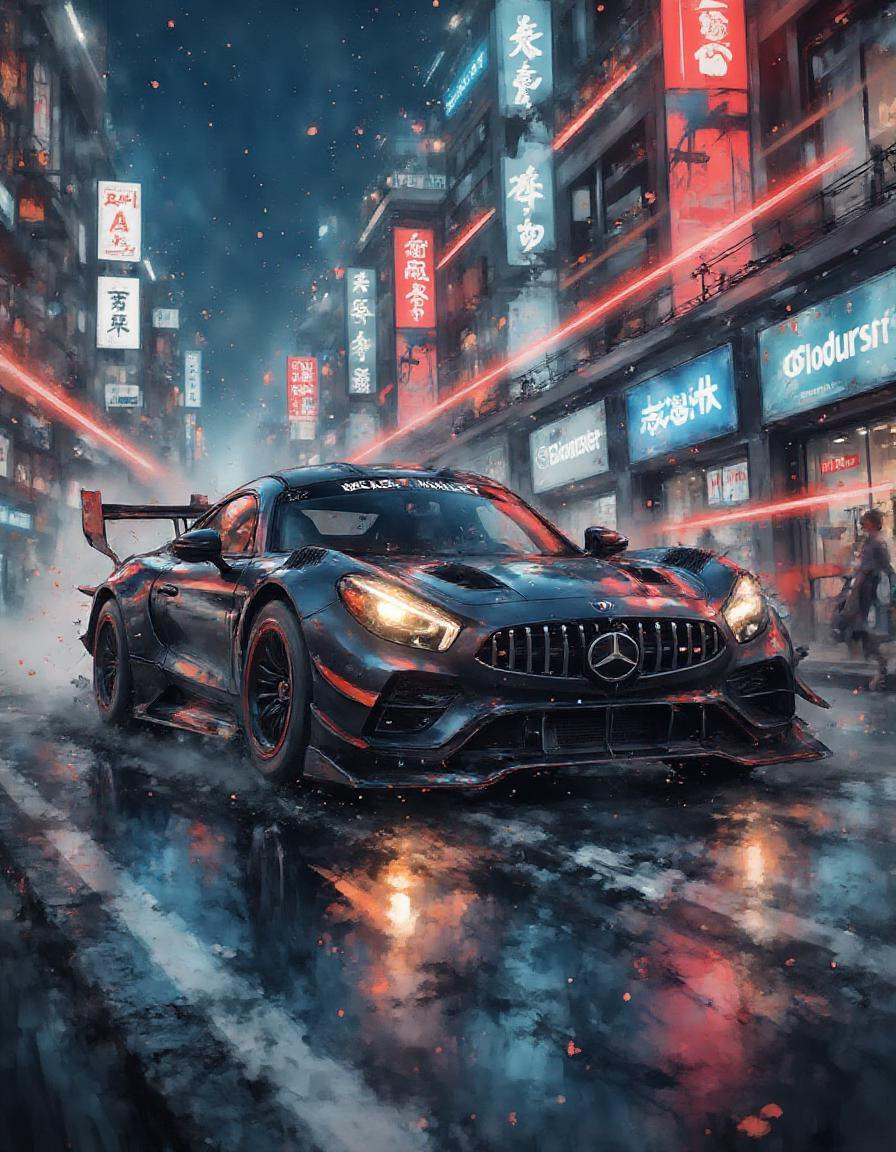 A dinkwfsn style painting,  ,  race car speeding down a futuristic city street at night on Tensor.Art