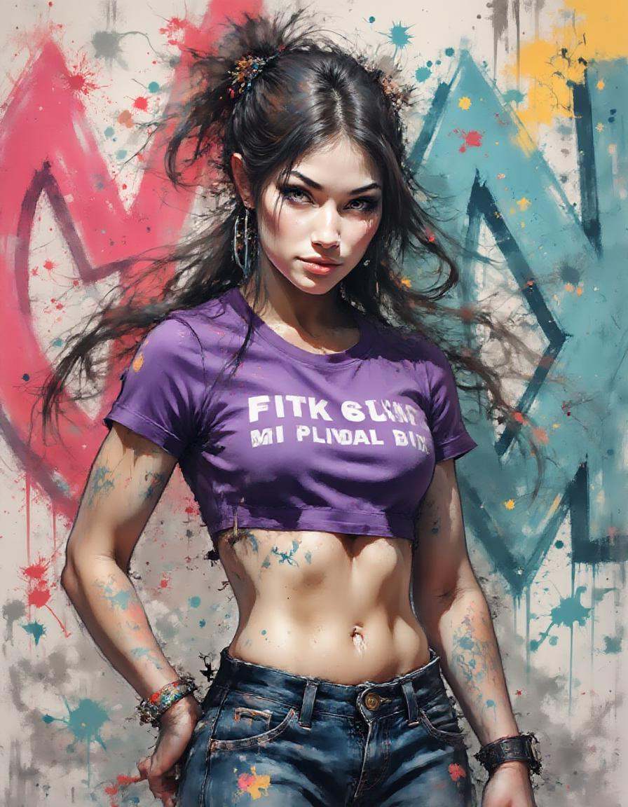 A dinkwfsn style painting ,  A confident young woman posing with a slight smile,  wearing a tight purple crop top featurin...