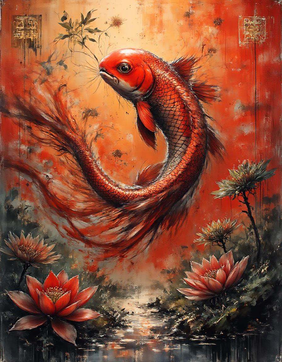 A dinkwfsn style painting ,  A highly detailed crimson-red dimtlsclptr of a koi fish,  the dimtlsclptr features flowing ri...