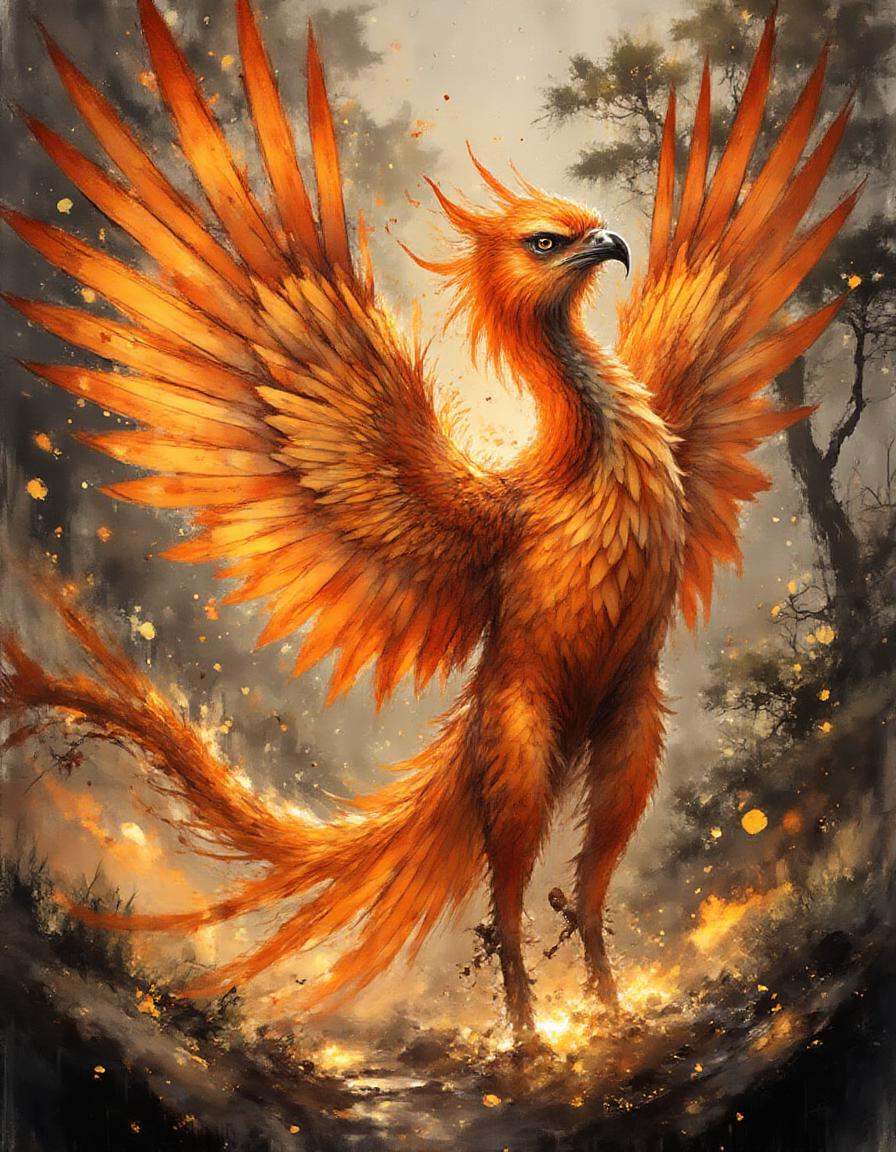 A dinkwfsn style painting,  majestic phoenix rising from flames,  wings outstretched as fiery feathers trail behind on Ten...