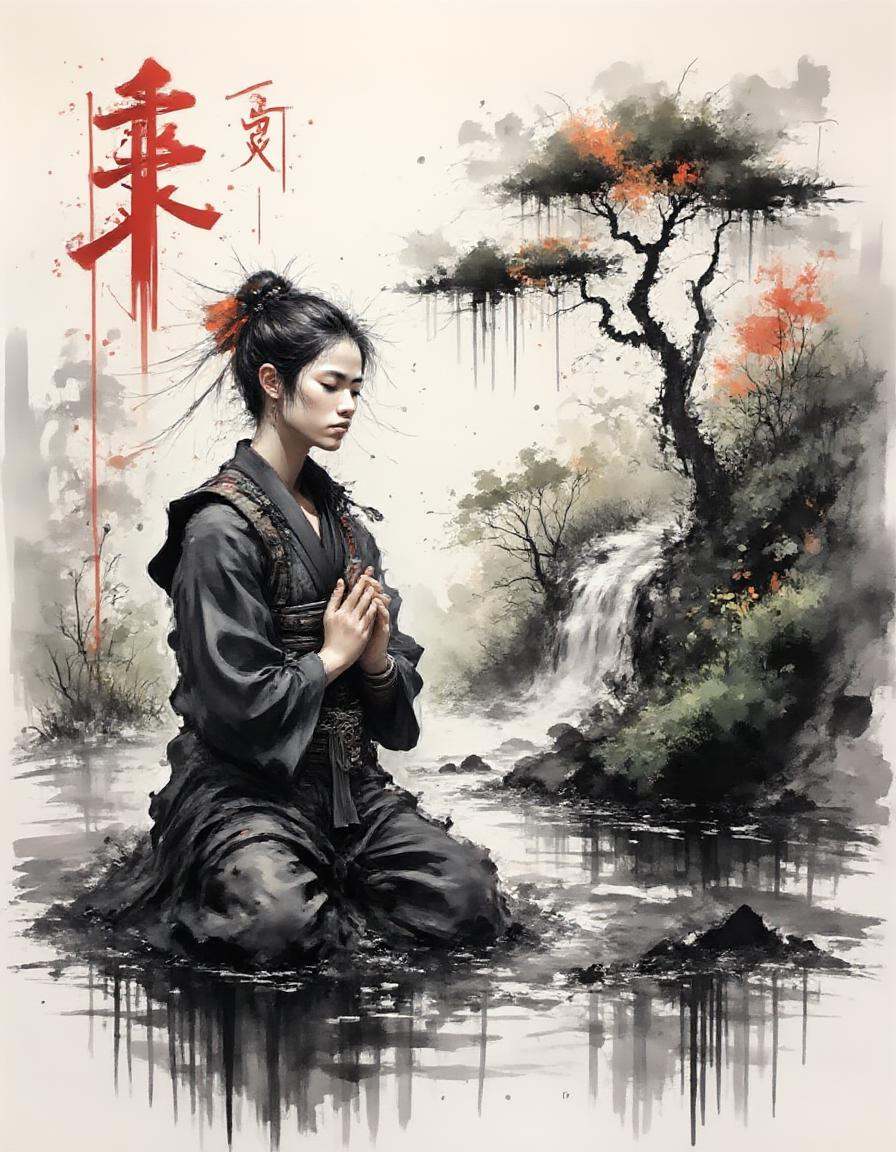 A dinkwfsn style painting,  ,  young warrior monk meditating by a tranquil river with a waterfall in the background on Ten...