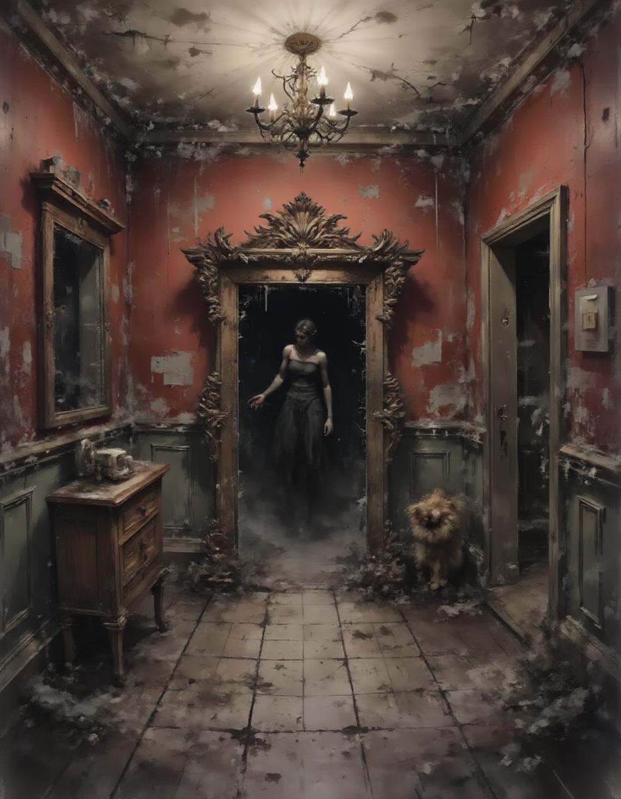 A dinkwfsn style painting ,  A dimly lit hall with twisted,  decaying wallpaper peeling away to reveal a hint of darkness...