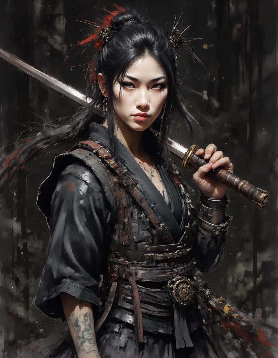 A dinkwfsn style painting ,  A female warrior stands poised with a katana,  exuding confidence and strength. She is dresse...