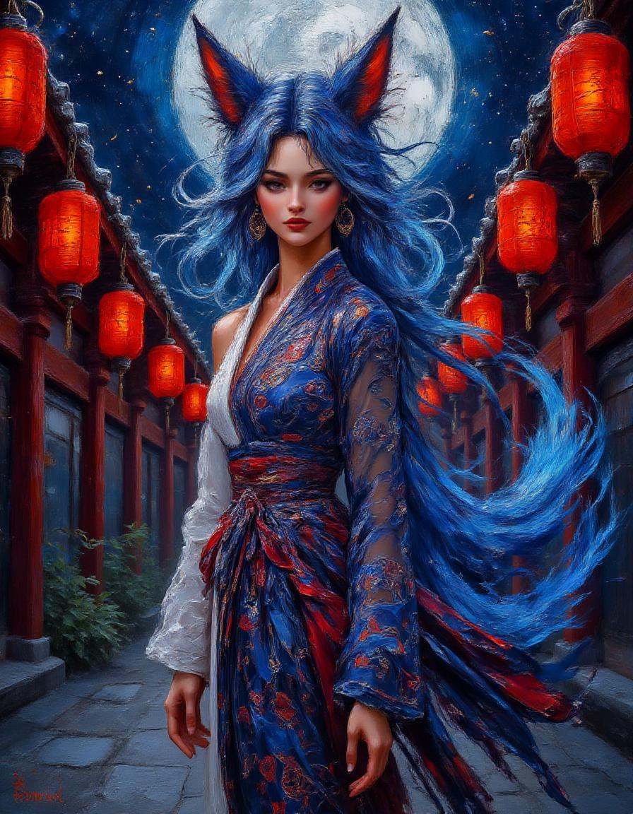 dibrshstrk,  ,  A fox-spirit warrior with flowing blue hair and sharp on Tensor.Art