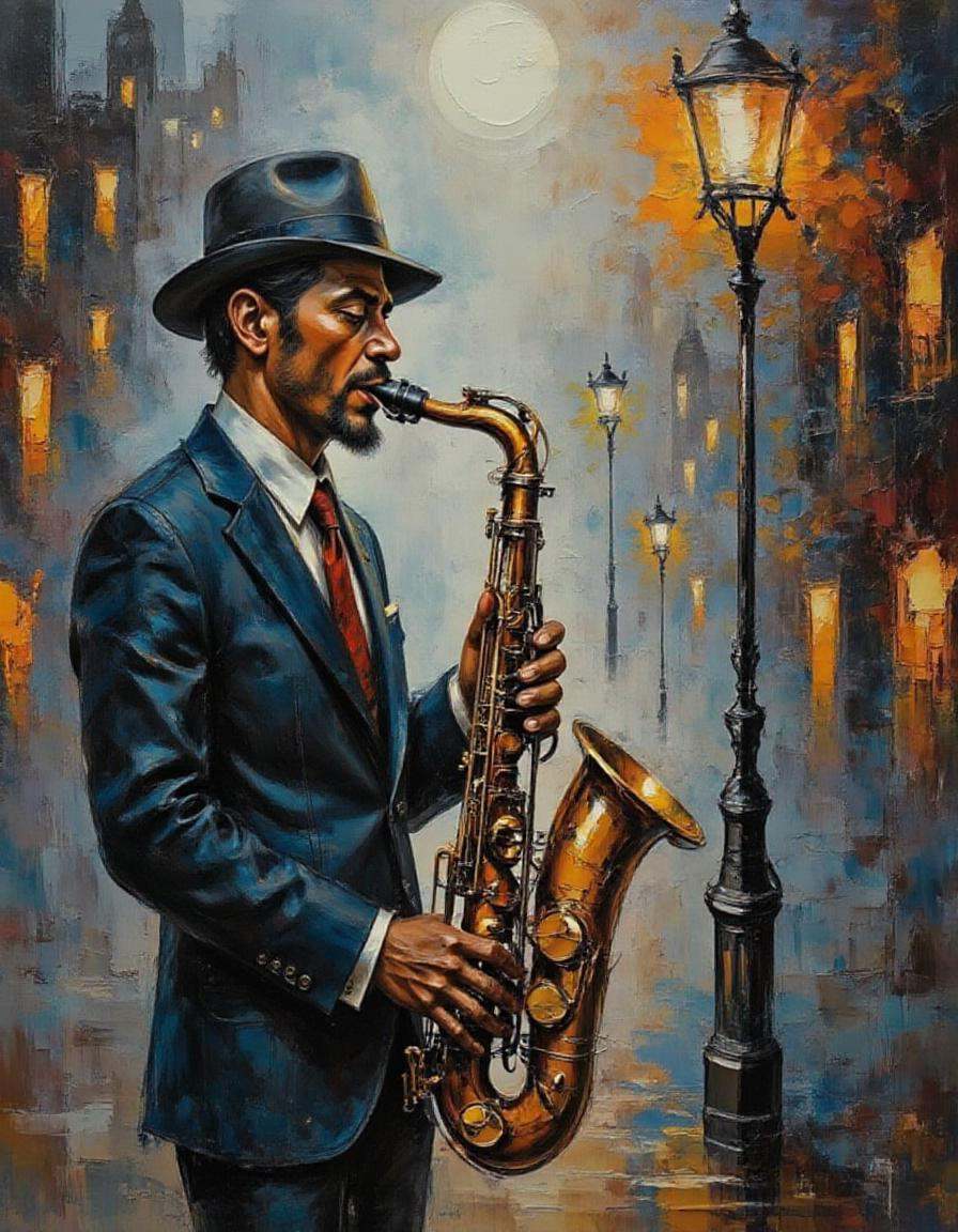 A dibrshstrk style painting,  ,  vintage jazz saxophonist playing under a streetlamp on Tensor.Art
