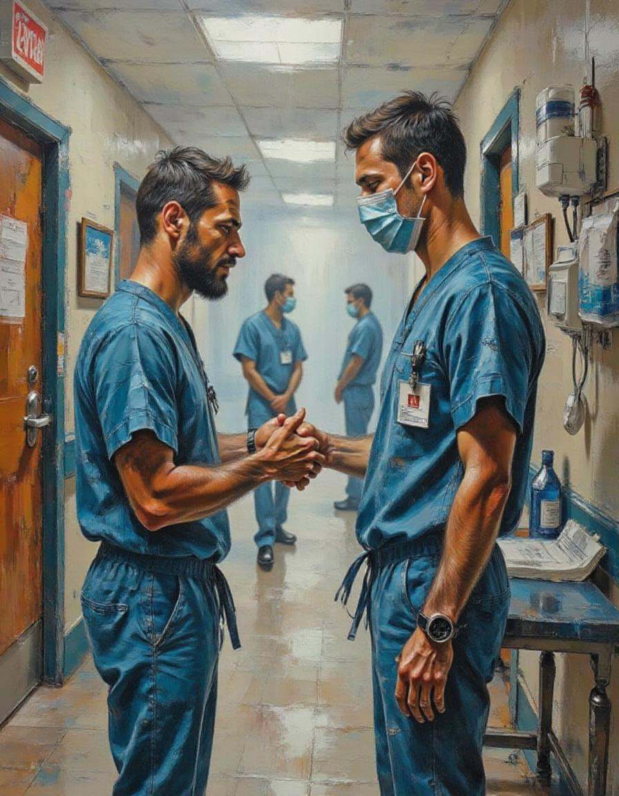 A dibrshstrk style painting,  ,  A male nurse providing compassionate care in a busy hospital. on Tensor.Art