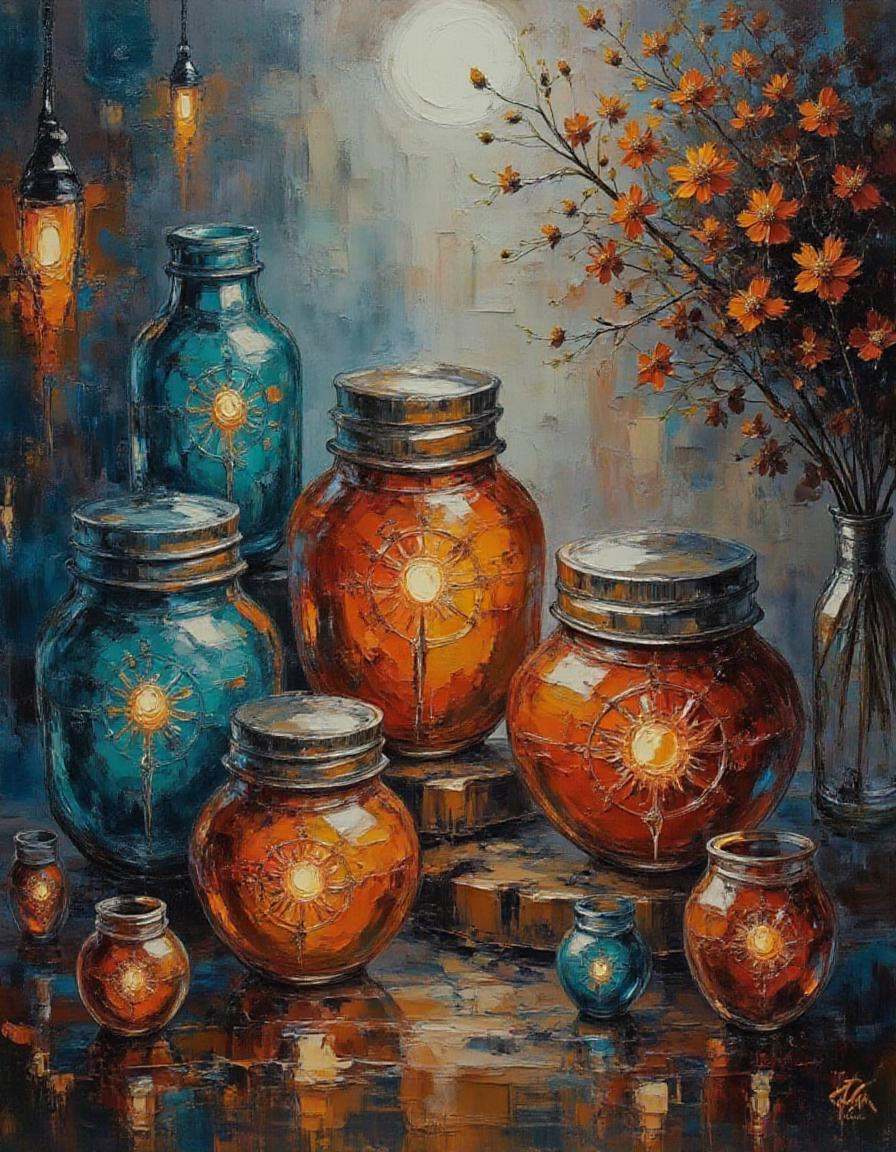 A dibrshstrk style painting,  ,  Create an image of a collection of various glass jars and pots in rich on Tensor.Art