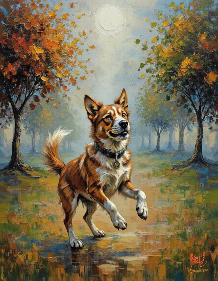 A dibrshstrk style painting,  a dog playing fetch in a park on Tensor.Art