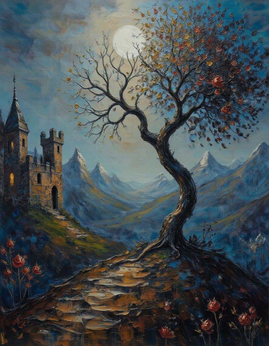 A dibrshstrk style painting,  ,  A haunting expanse of barren hills under a moonless night on Tensor.Art