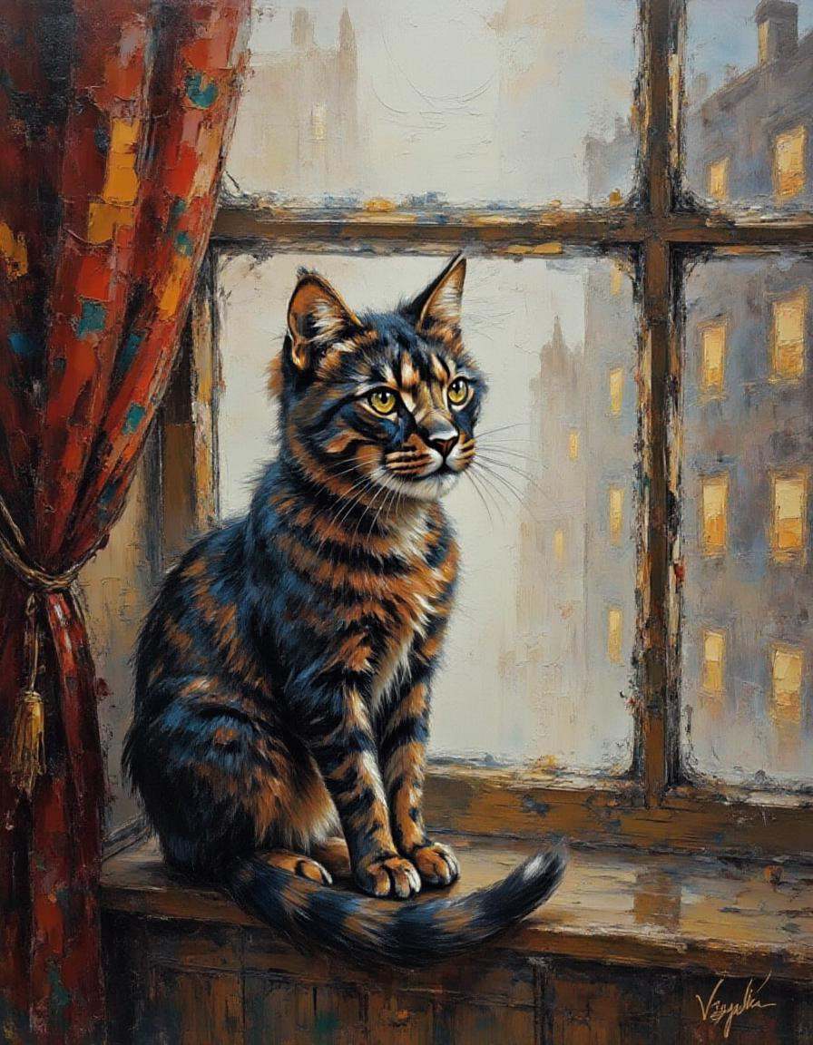 A dibrshstrk style painting,  a cat sitting in a window on Tensor.Art