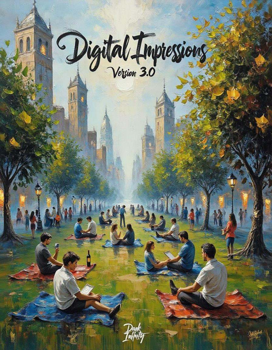 A dibrshstrk style painting,  a wide view of a public park with many people sitting on blankets having a picnic,  "Digital...