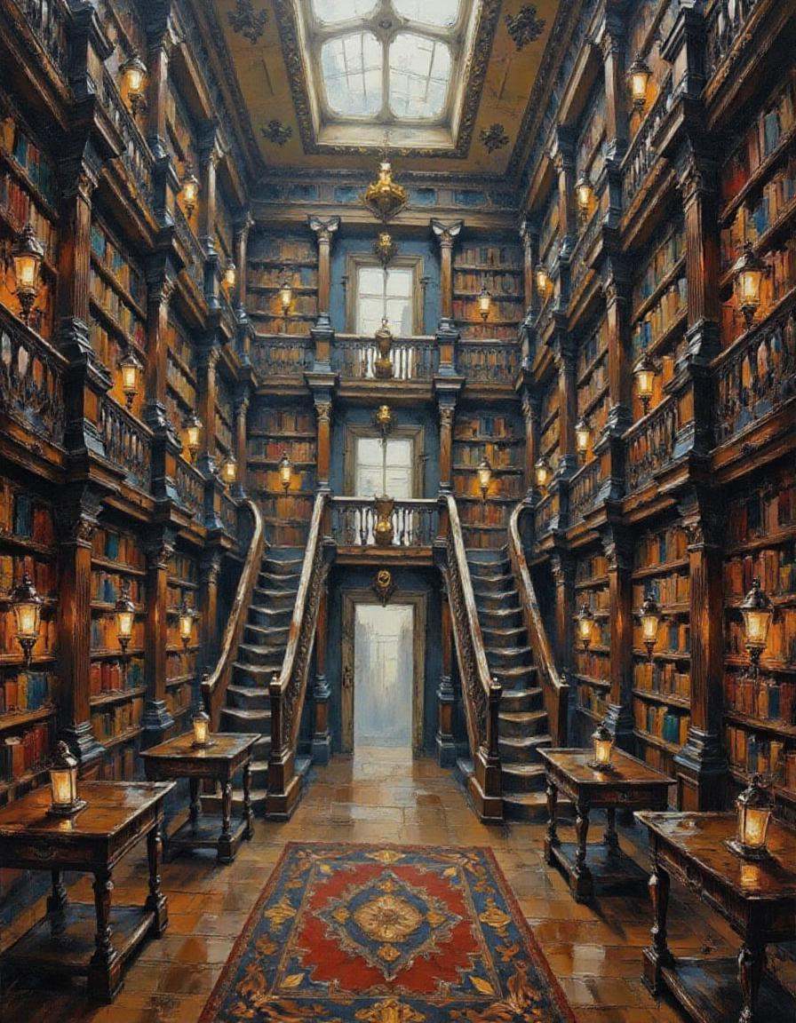 A dibrshstrk style painting,  ,  A grand library with endless rows of books and ladders. on Tensor.Art
