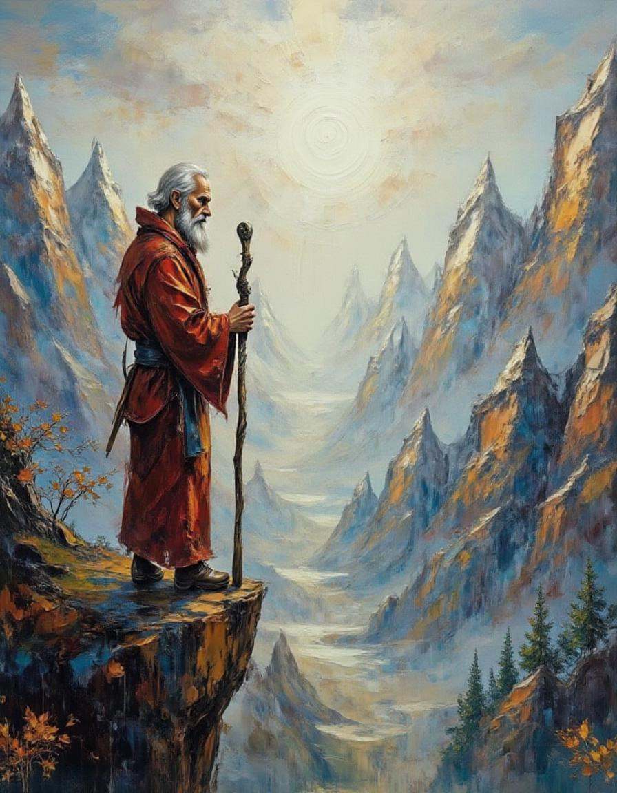 A dibrshstrk style painting,  ,  wise elder monk standing on a cliff edge on Tensor.Art