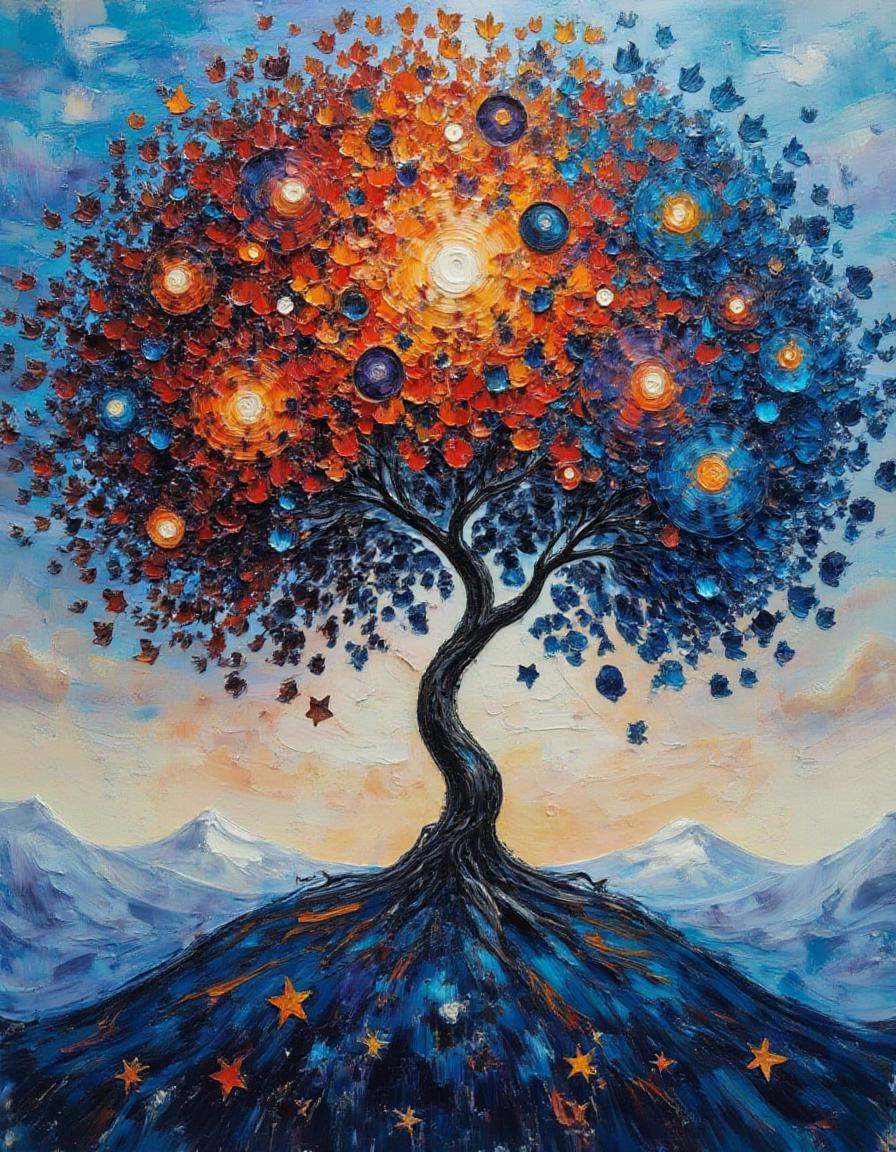 A dibrshstrk style painting,  ,  A tree whose leaves are made of tiny galaxies on Tensor.Art