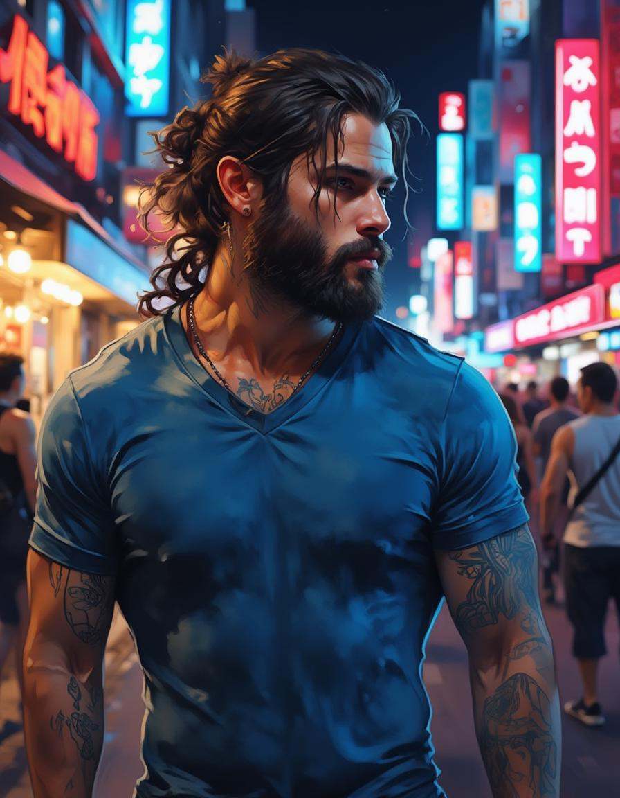A dinkwfsn style painting,  ,  A muscular man with long on Tensor.Art