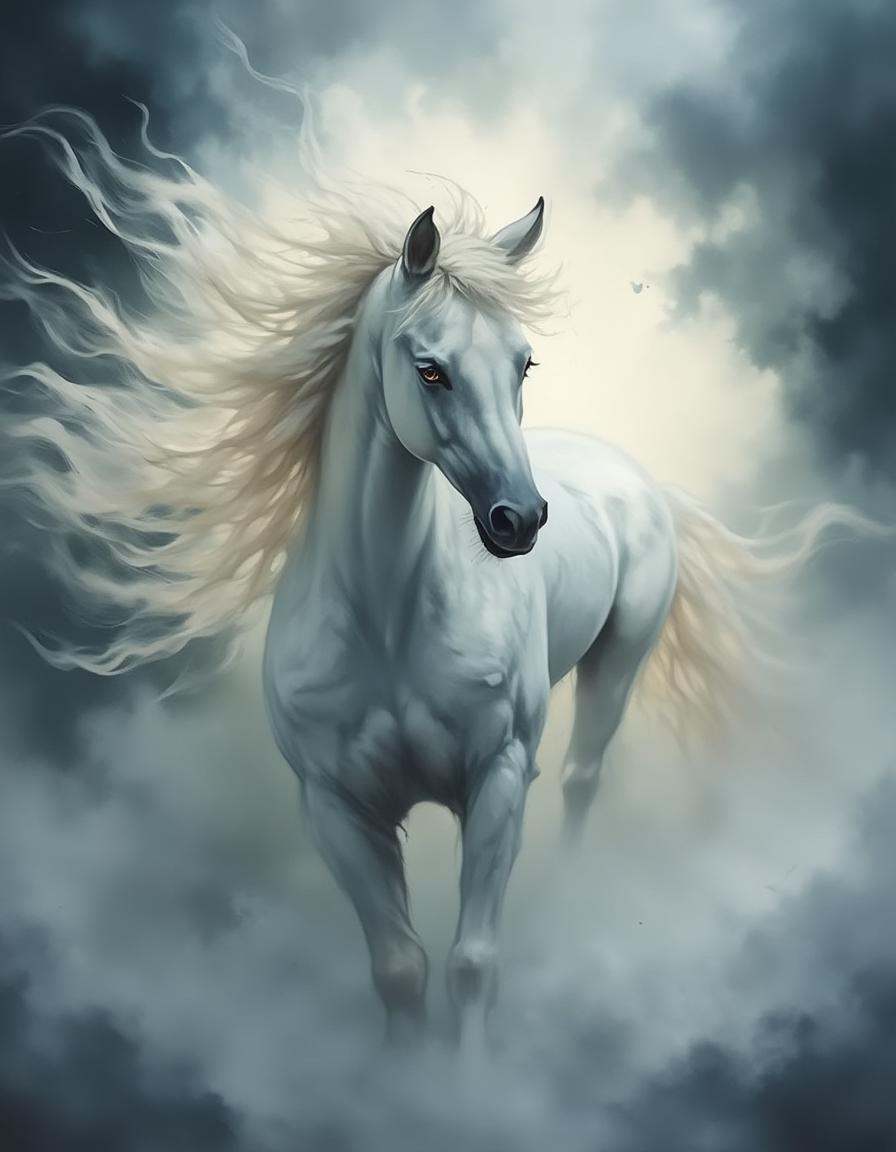 A dinkwfsn style painting,  ,  Majestic white horse with flowing on Tensor.Art