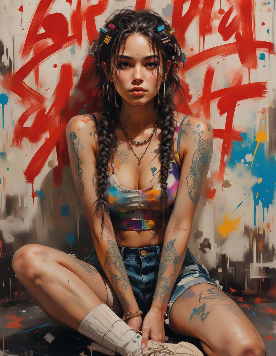 A dinkwfsn style painting,  ,  a young woman with a confident expression sits in a bustling urban setting. She has long on...