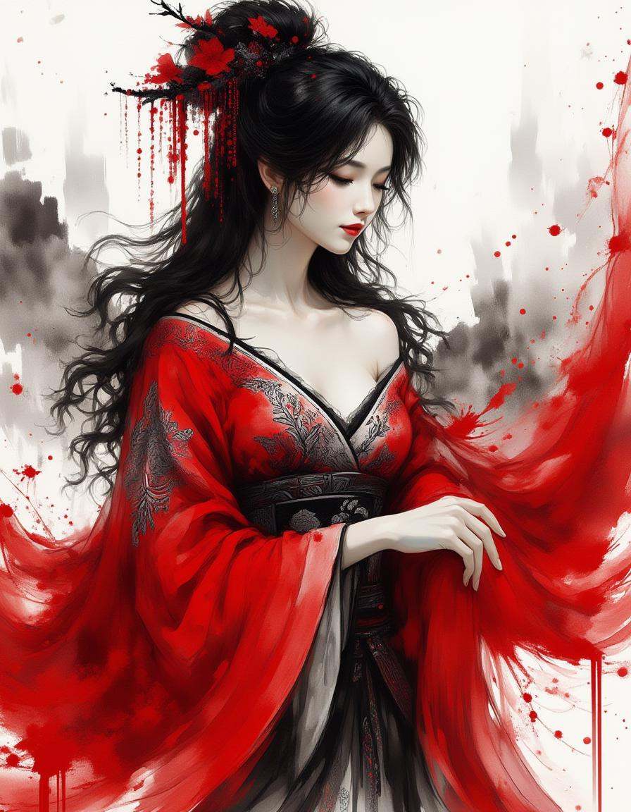 A dinkwfsn style painting,  The woman with Asian roots and long,  wavy black hair flaunts grace in an elaborate red robe w...