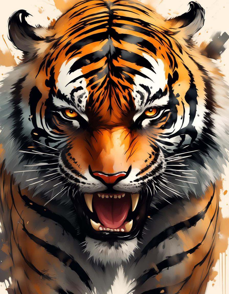 A dinkwfsn style painting,  ,  A closeup of a roaring tiger with detailed fur featuring rich orange and black stripes on T...