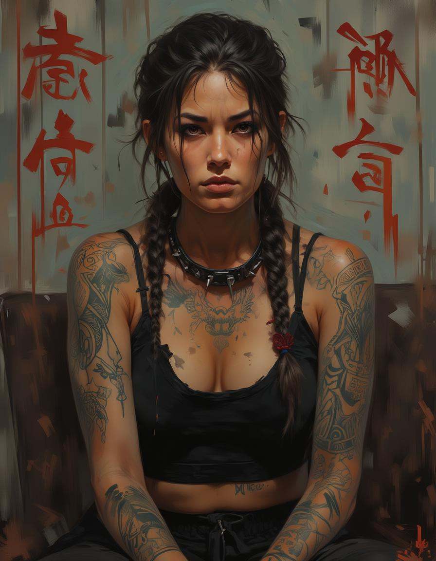 A dinkwfsn style painting,  ,  a mature woman with a serious expression sits front and center on Tensor.Art