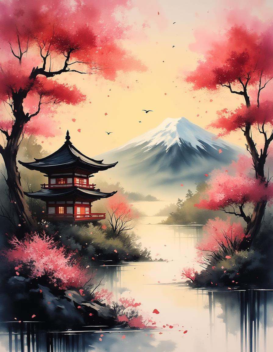 A dinkwfsn style painting,  ,  A serene and enchanting landscape featuring a traditional Japanese pagoda nestled among vib...