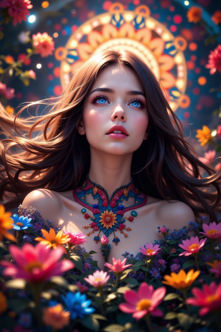 In a cinematic photo,  a stunning 1girl is entangled within a vibrant mandala,  her long on Tensor.Art