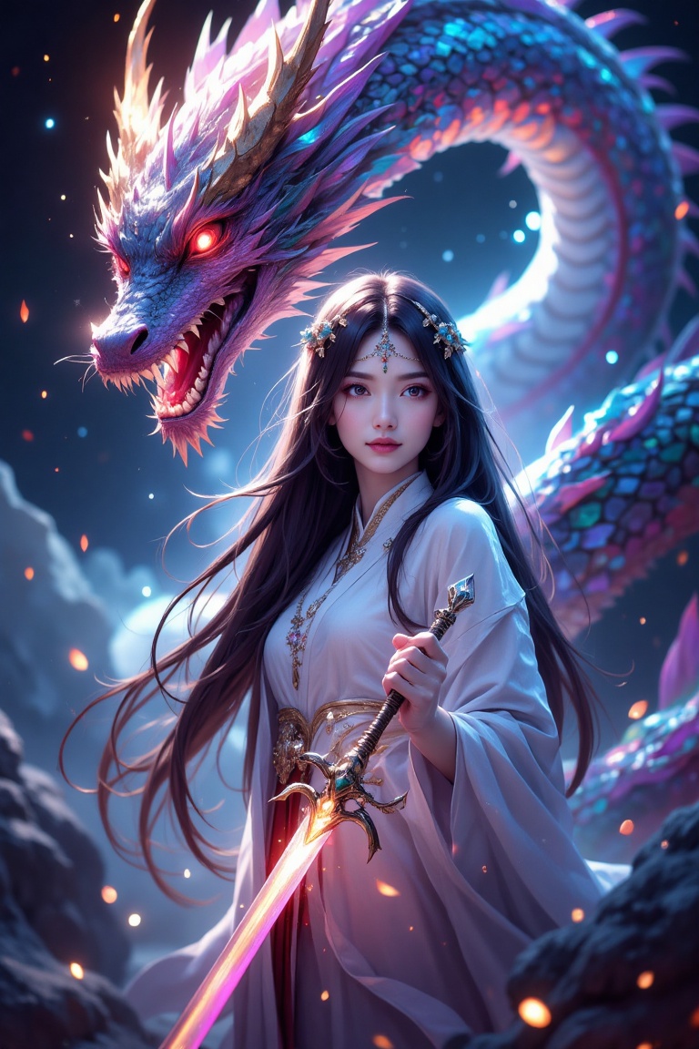 A majestic giant eastern dragon,  with iridescent scales glistening in the light of a mystical night sky,  unfurls its ser...