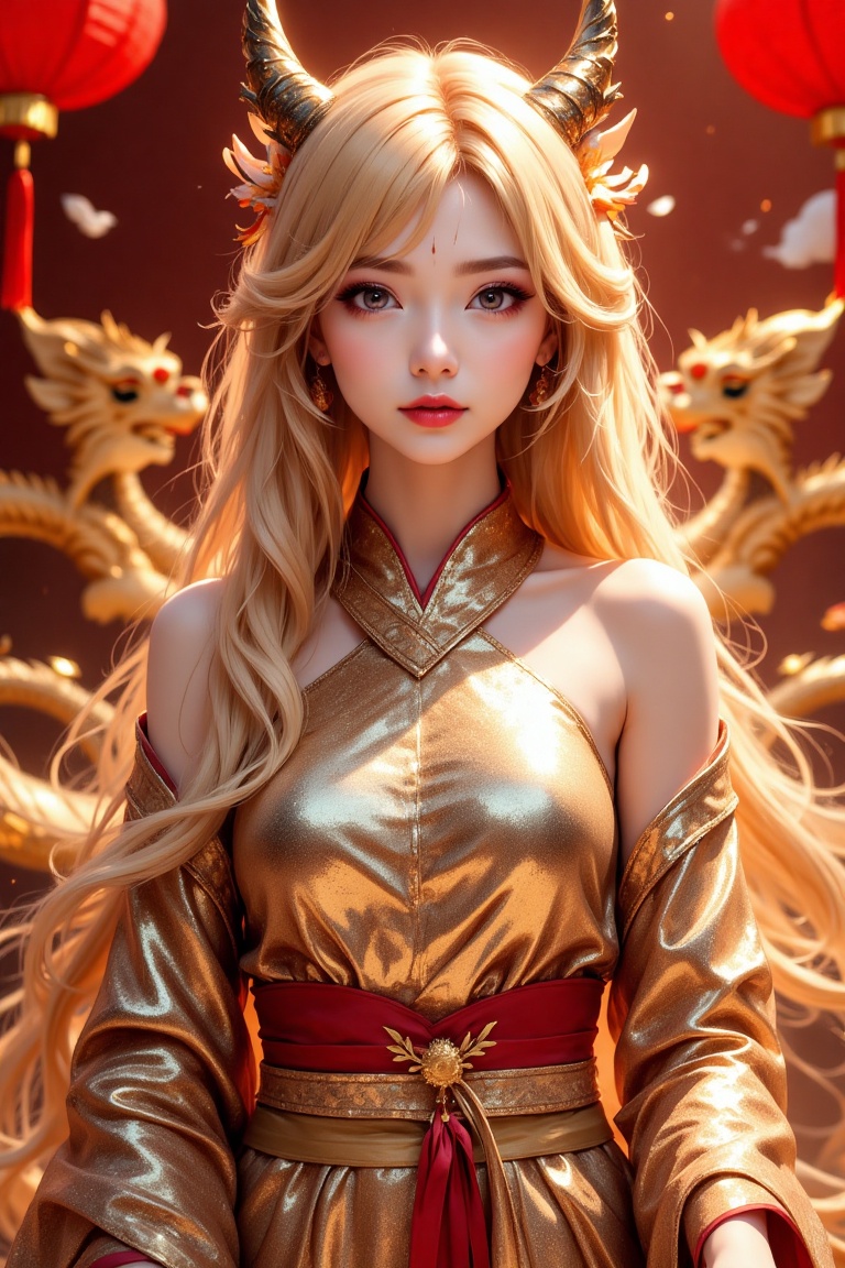 In a stunning photorealistic masterpiece,  a majestic dragon girl stands majestically in front of a vibrant Lunar New Year...