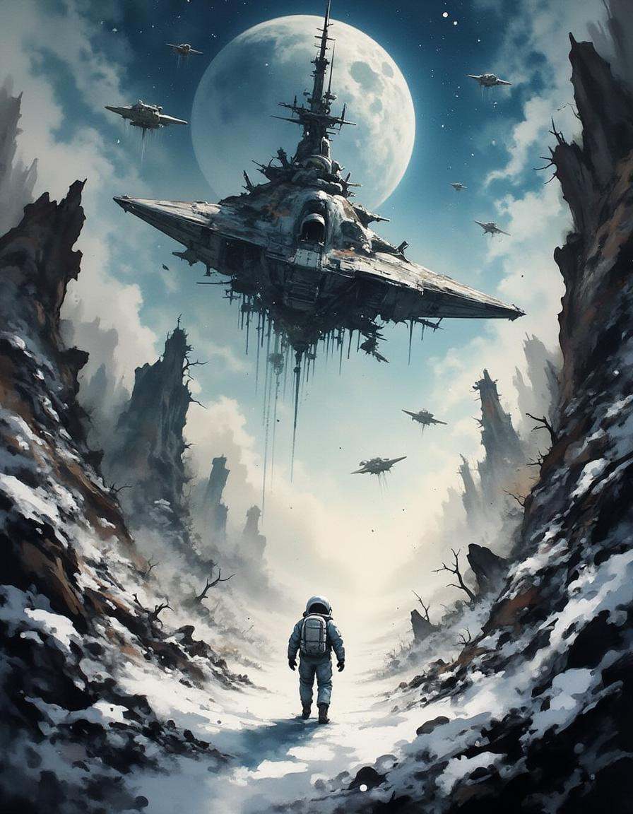 A lone astronaut drifting through the wreckage of an interstellar battlefield,  thousands of ruined ships frozen in the si...