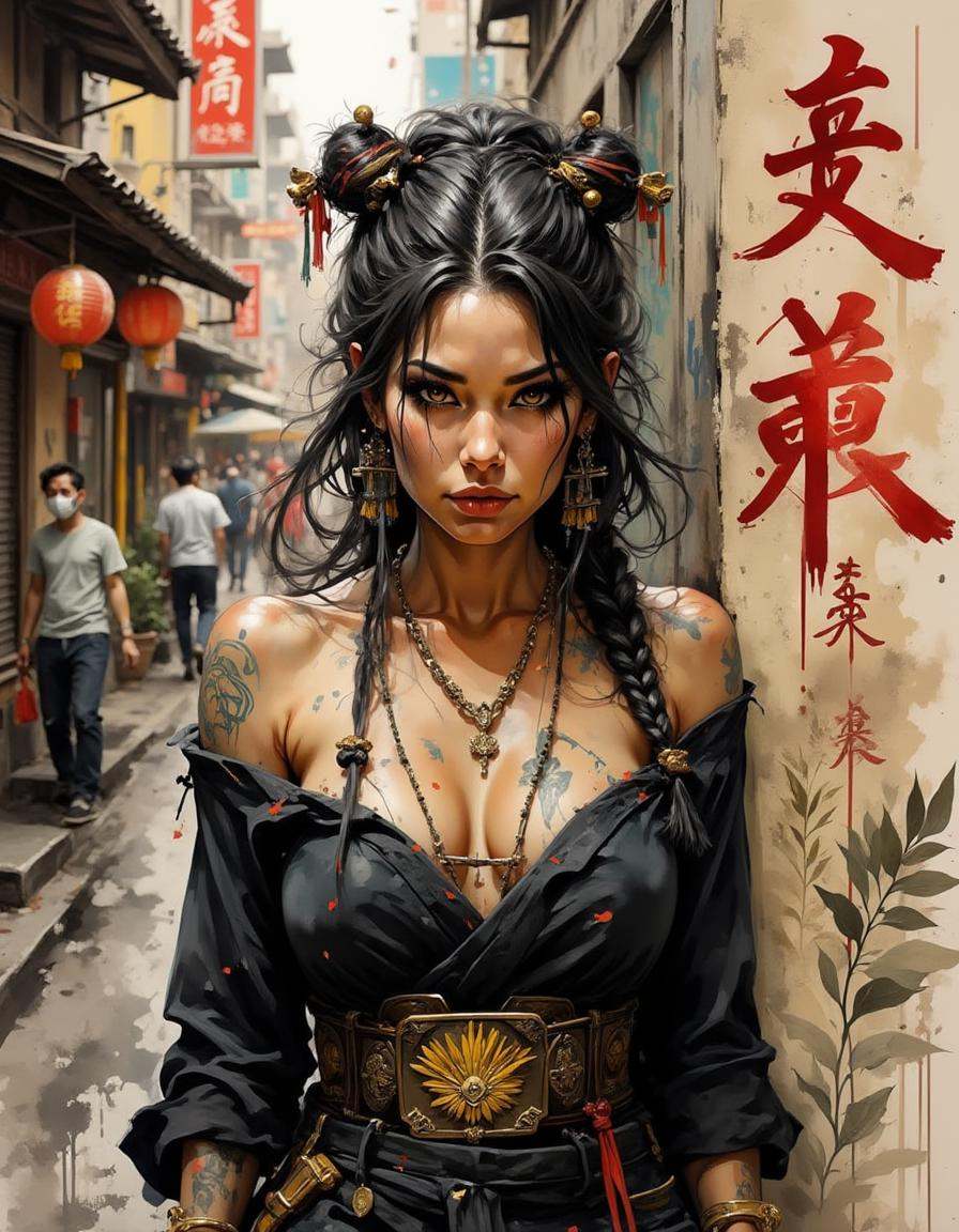 A dinkfsn style ink wash painting,  a female figure with a confident expression leans against a wall in a bustling urban s...