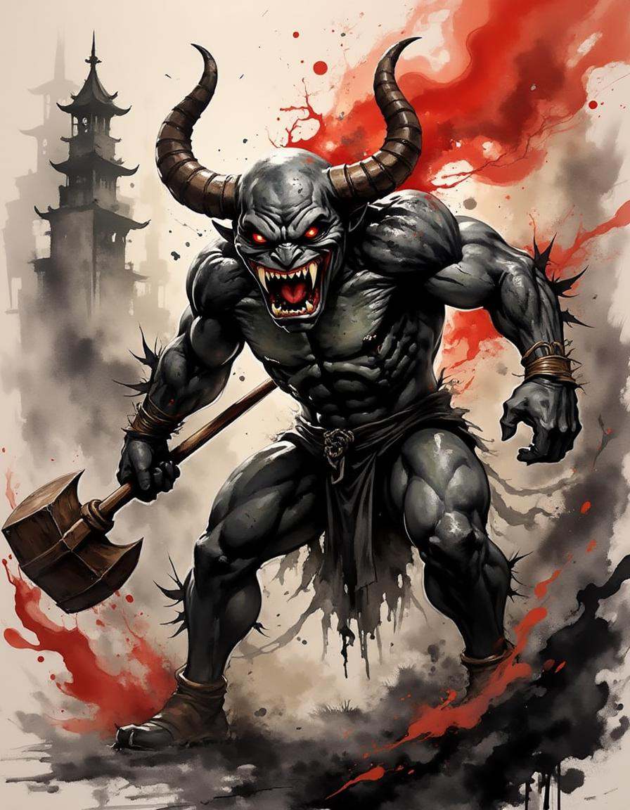 fierce oni demon emerging from dark smoke,  holding a massive club,  snarling with sharp fangs on Tensor.Art