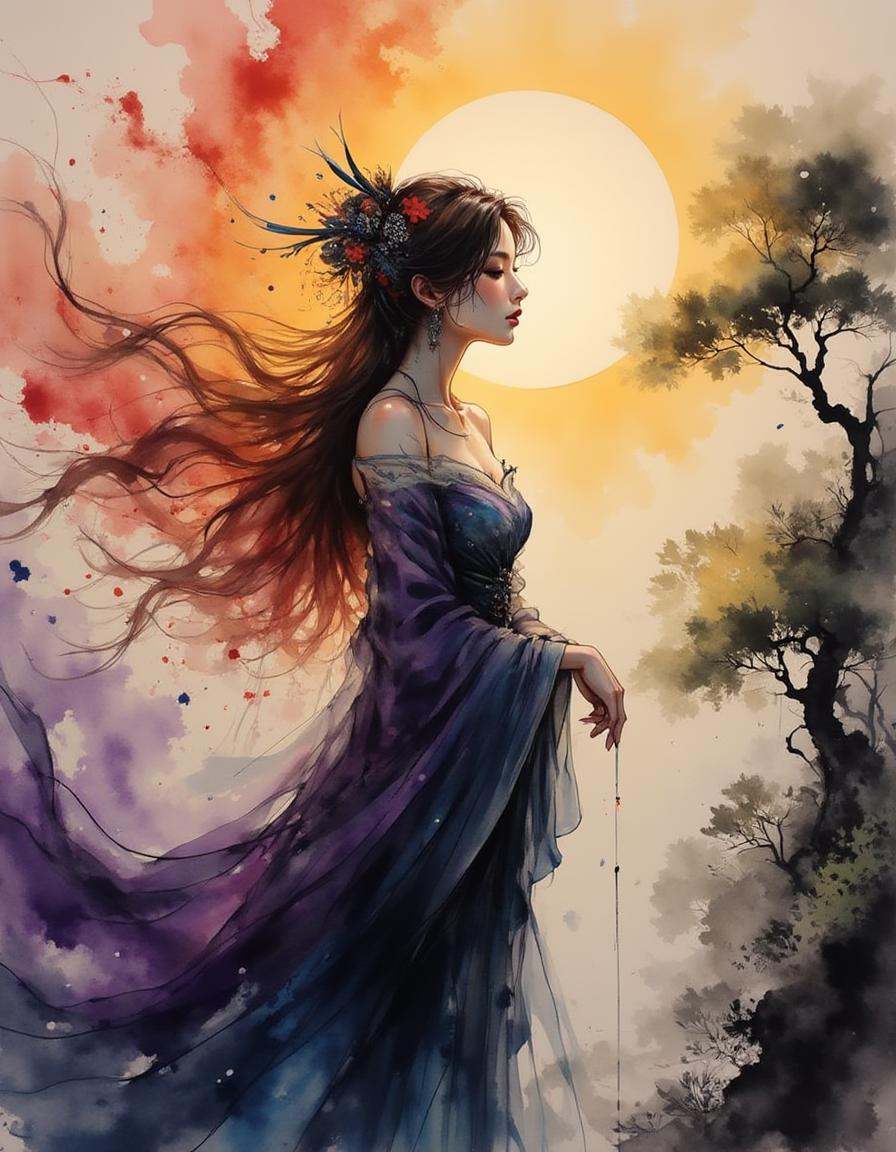 A goddess of dusk and dawn,  her form split in two,  one half bathed in golden sunrise on Tensor.Art