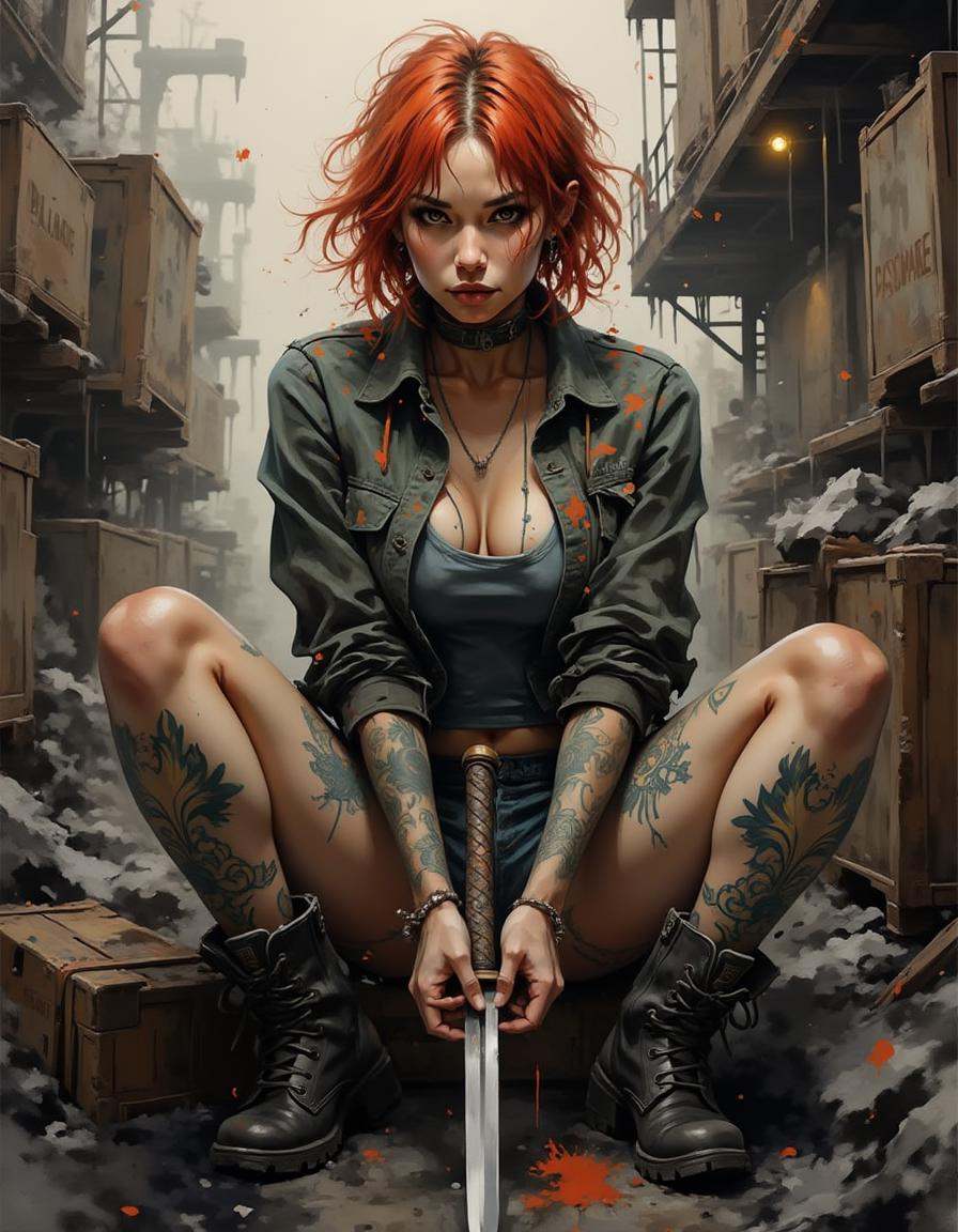 A young woman with messy,  shoulder-length red hair sits atop a pile of discarded crates in a dimly lit industrial yard. S...