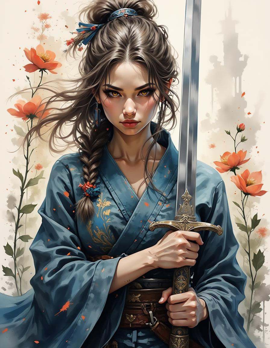 A young woman stands with a focused expression,  holding a sword with both hands,  showcasing her strength and determinati...